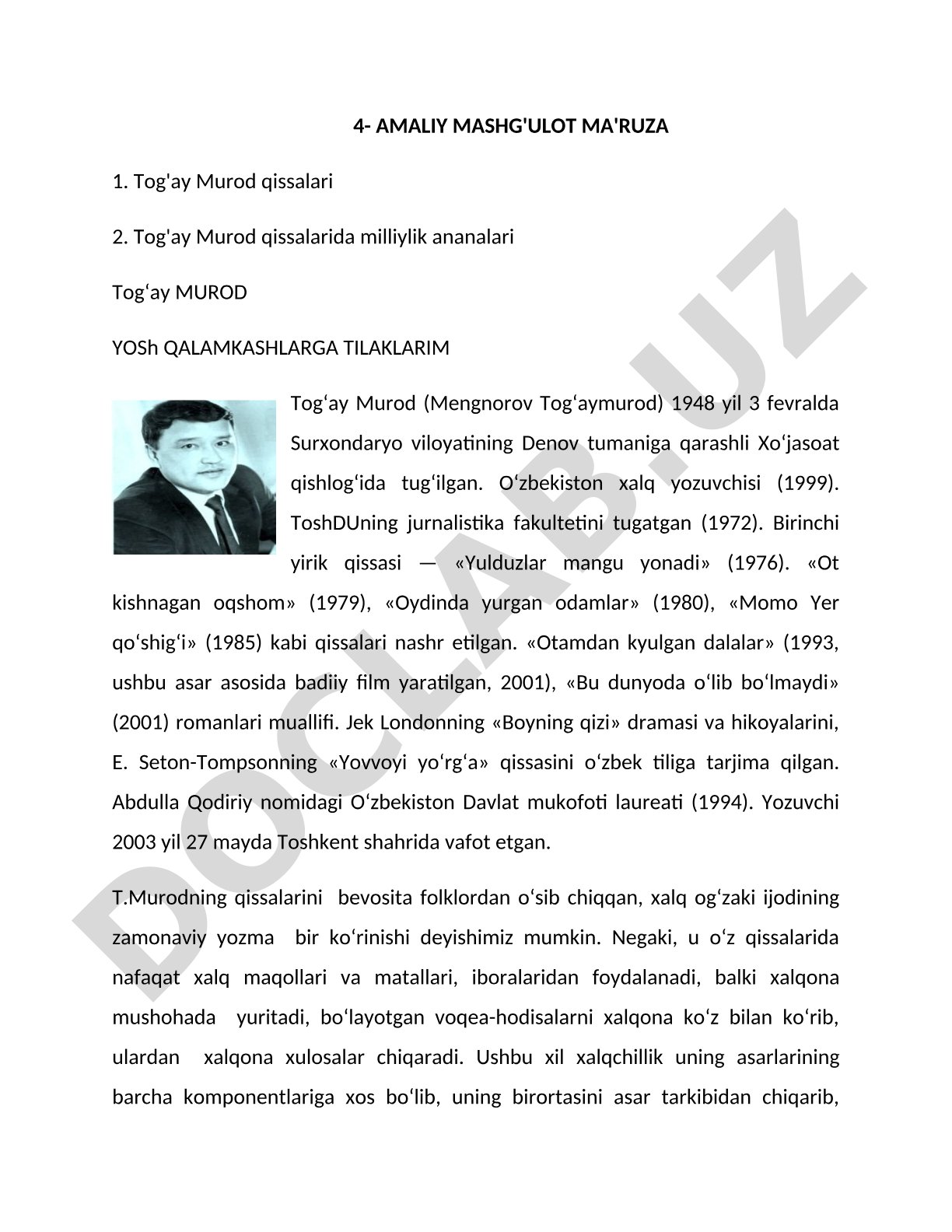 Tog'ay Murod qissalari va milliylik ananalari