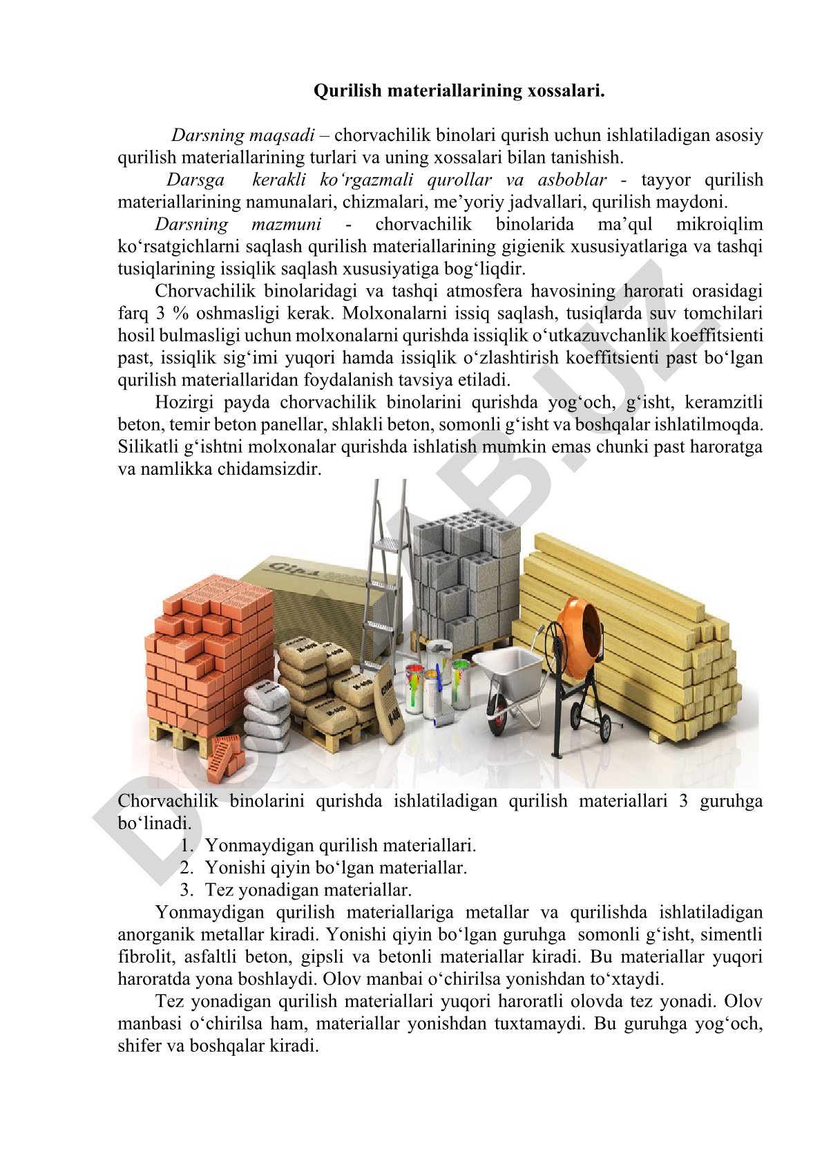 Chorvachilik binolari qurilish materiallarining turlari va xossalari