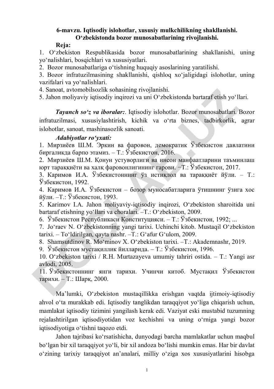 O‘zbekistonda bozor munosabatlarining rivojlanishi va iqtisodiy islohotlar
