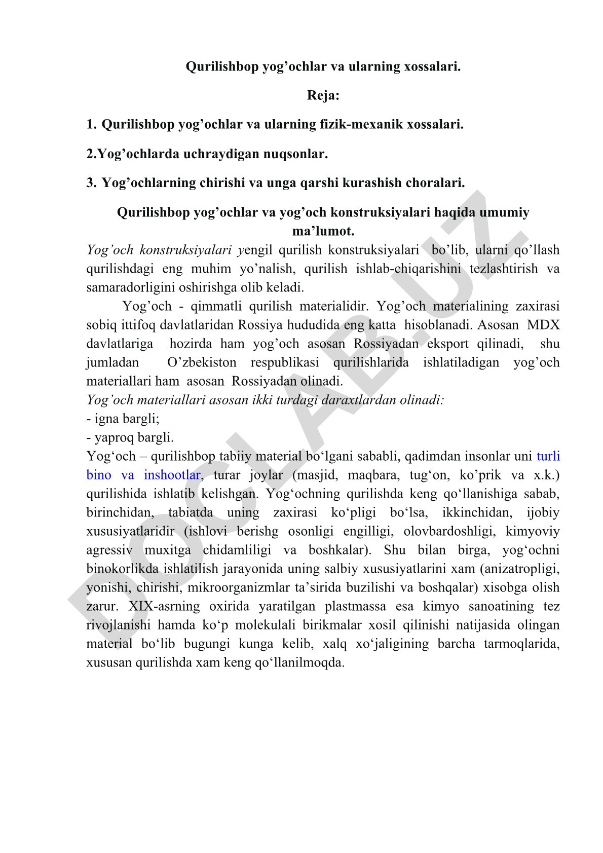 Qurilishbop yog'ochlar va ularning xossalari
