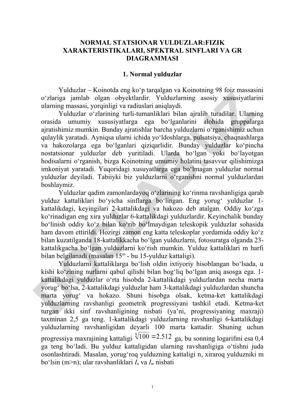 Normal yulduzlar: fizik xarakteristikalari, spektral sinflari va GR diagrammasi