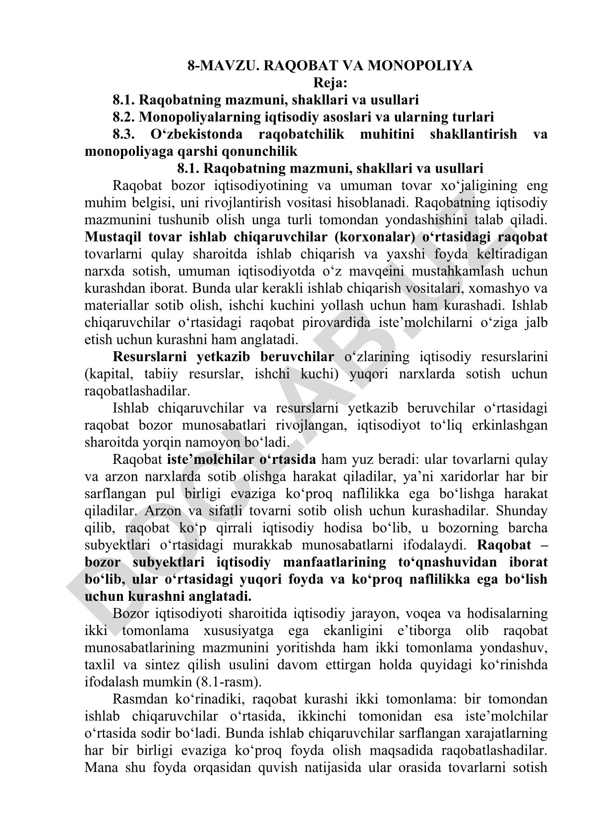 Raqobat va monopoliyaning iqtisodiy asoslari va turlari
