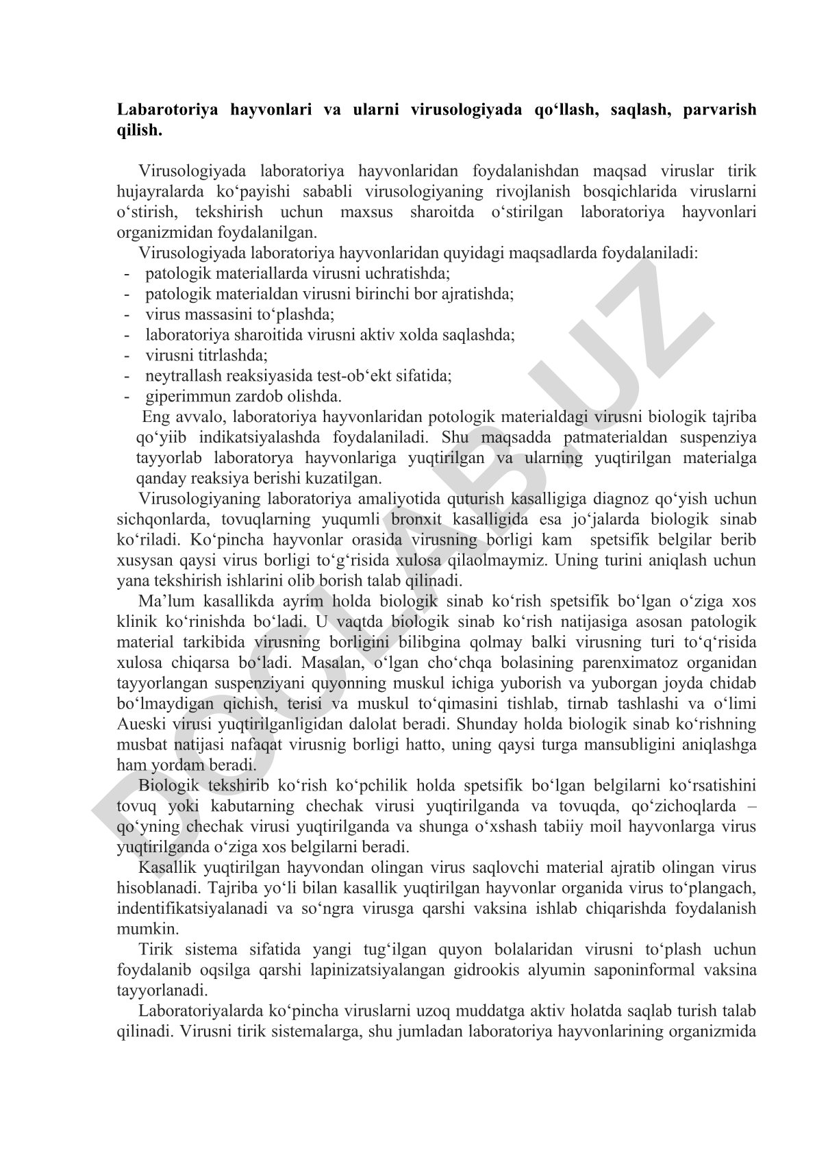 Virusologiyada laboratoriya hayvonlaridan foydalanish