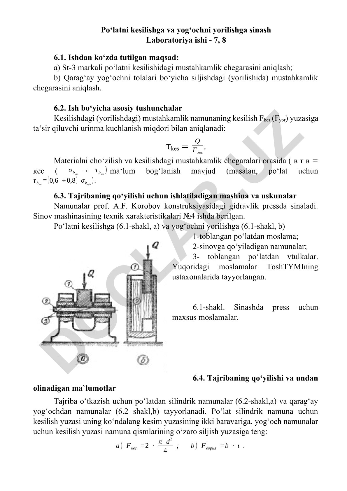 Po'latni kesilishga va yog'ochni yorilishga sinash laboratoriya ishi