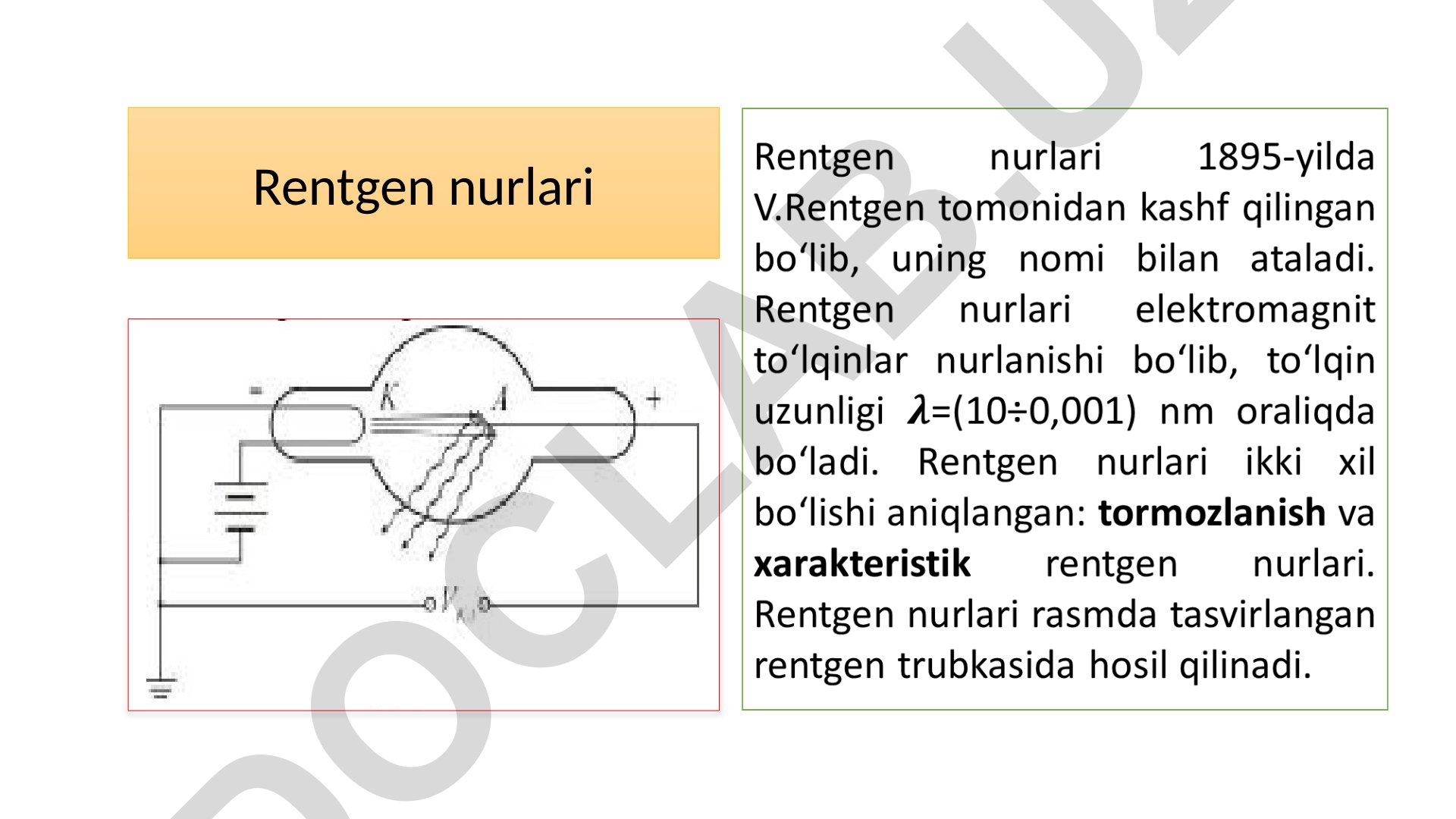 Rentgen nurlari: turlari va hosil bo'lish mexanizmlari