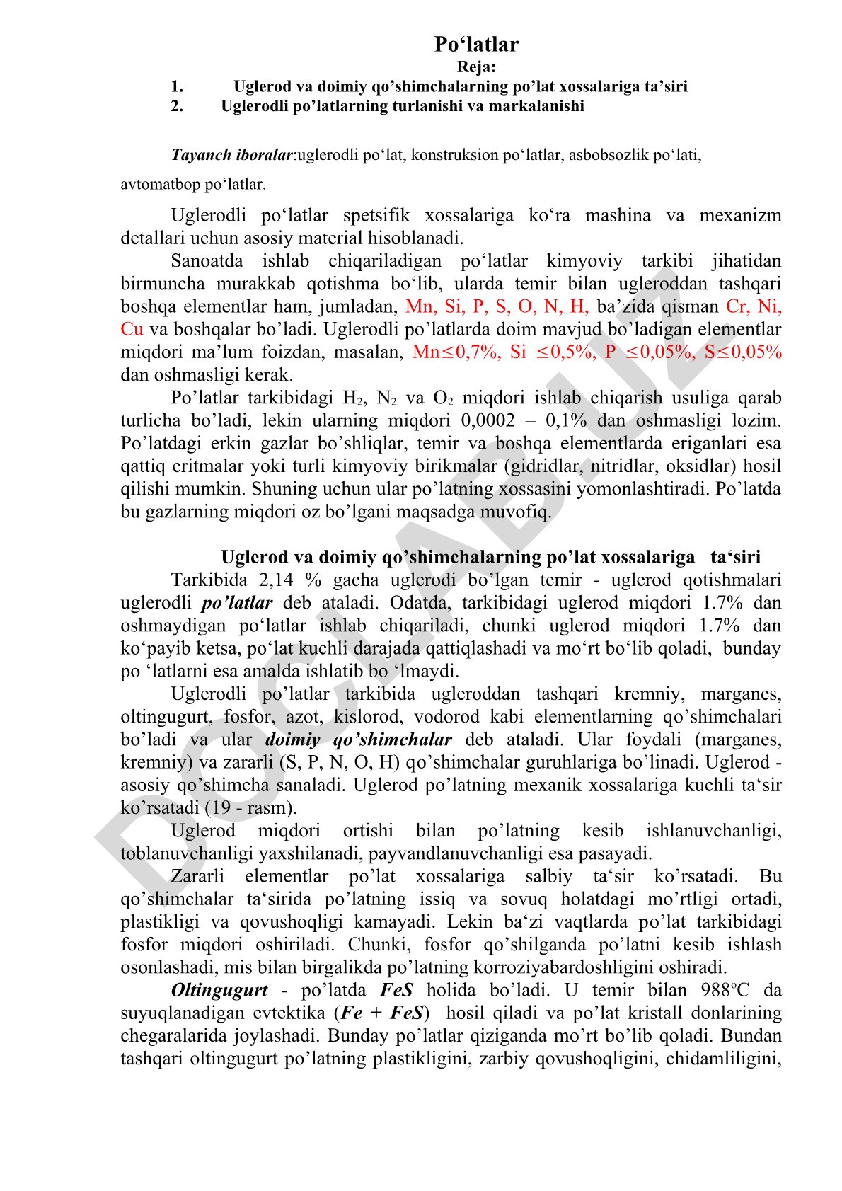 Uglerod va doimiy qo'shimchalarning po'lat xossalariga ta'siri