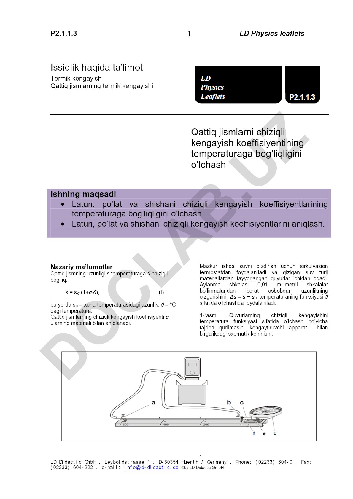 Qattiq jismlarning termik kengayishi va chiziqli kengayish koeffisiyentlarini o'rganish