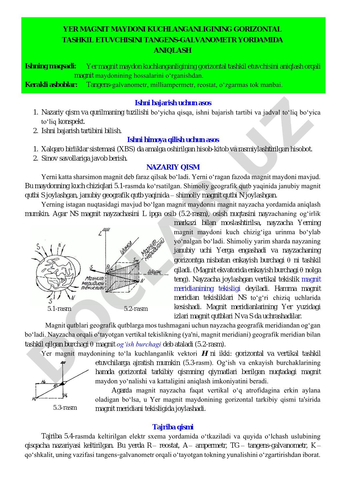 Yer magnit maydoni kuchlanganligining gorizontal tashkil etuvchisini tangens-galvanometr yordamida aniqlash