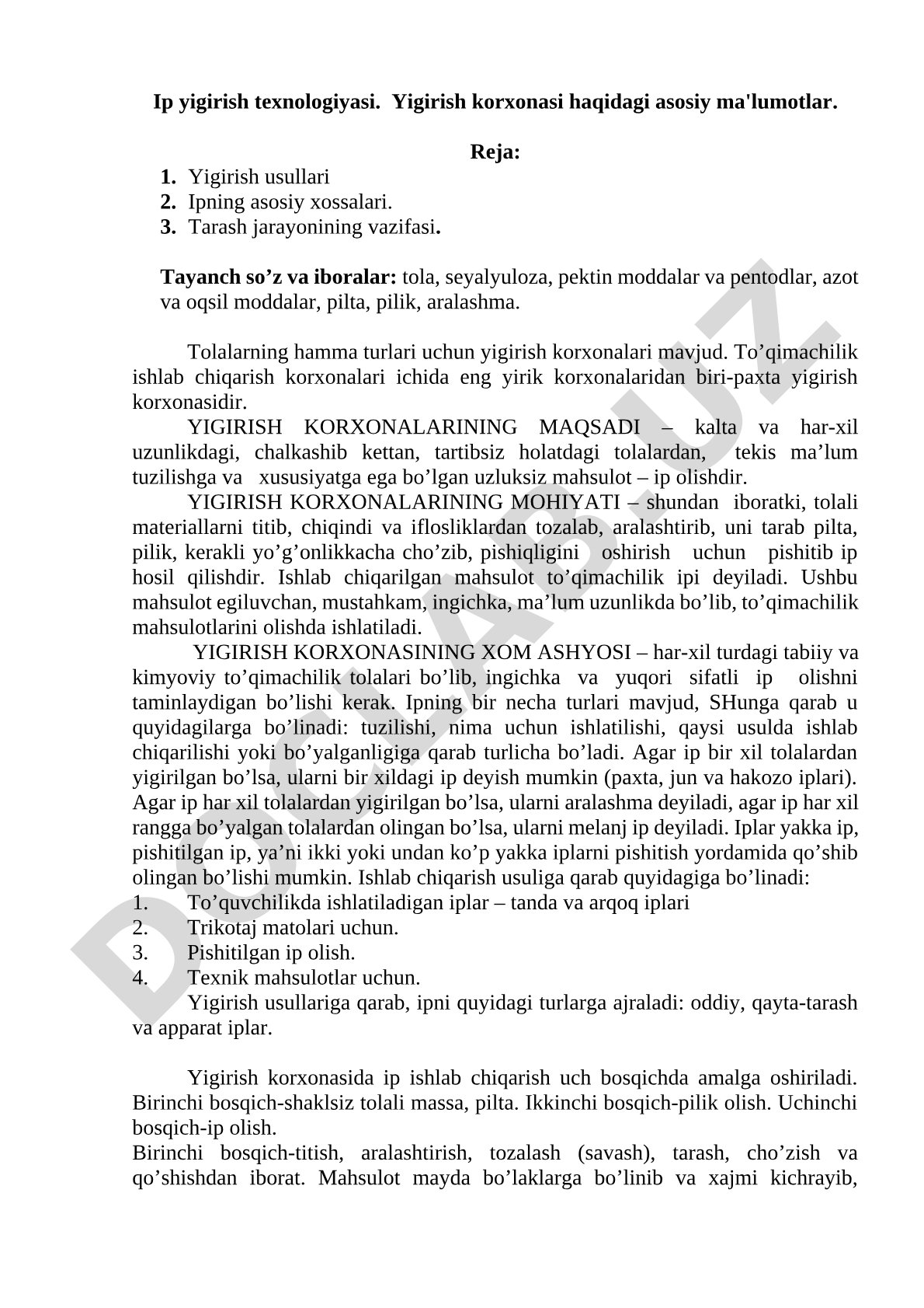 Ip yigirish texnologiyasi va yigirish korxonasi haqida asosiy ma'lumotlar