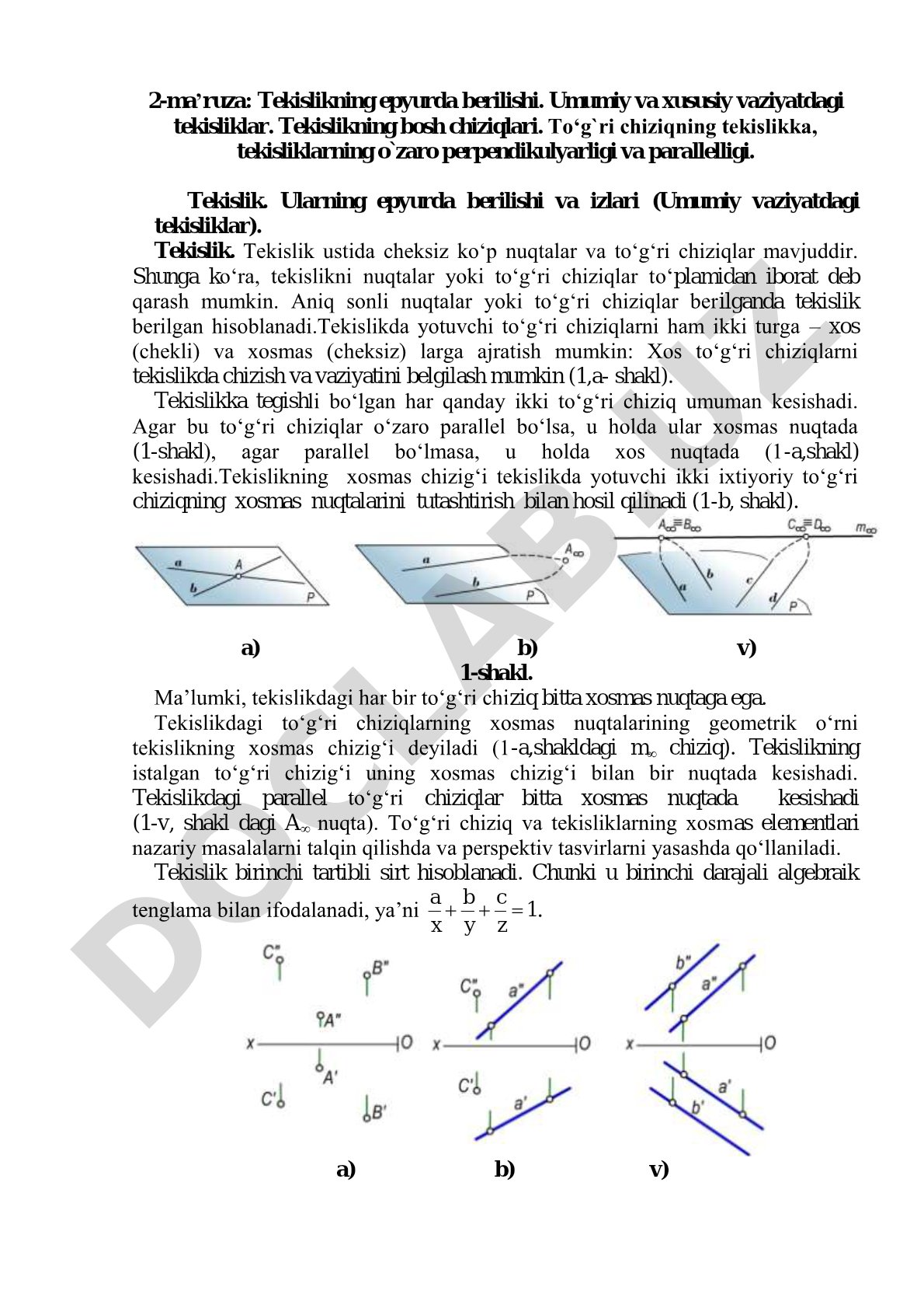 Tekislikning epyurda berilishi. Umumiy va xususiy vaziyatdagi tekisliklar. Tekislikning bosh chiziqlari