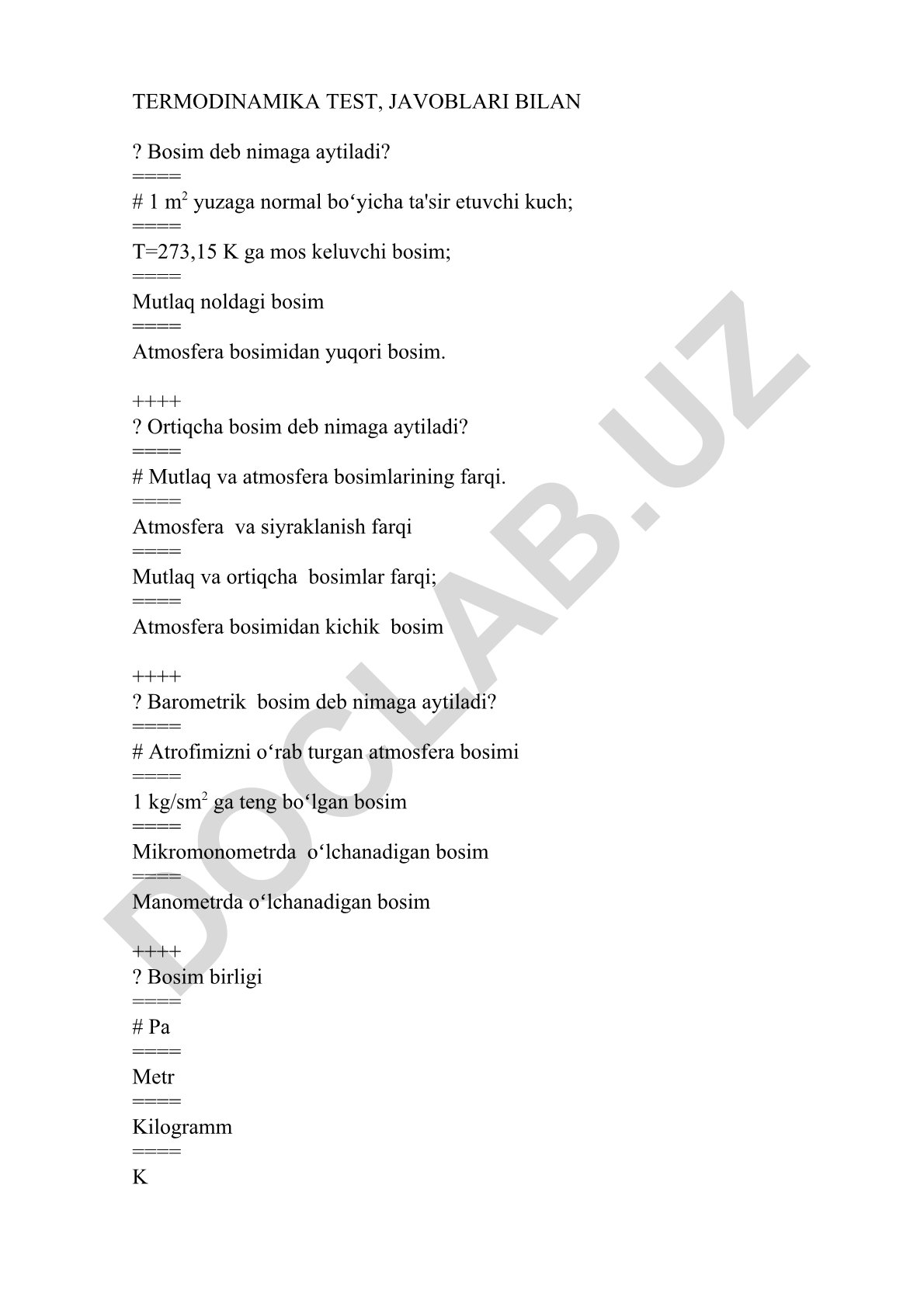 Termodinamika test savollari va javoblari