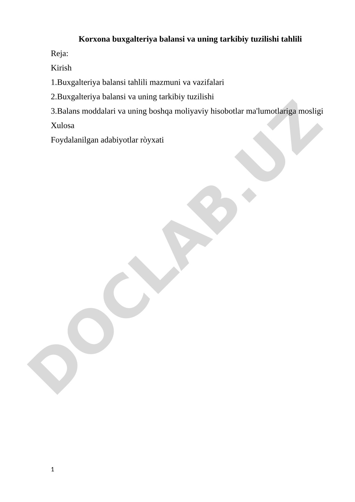 Korxona buxgalteriya balansi va uning tarkibiy tuzilishi tahlili