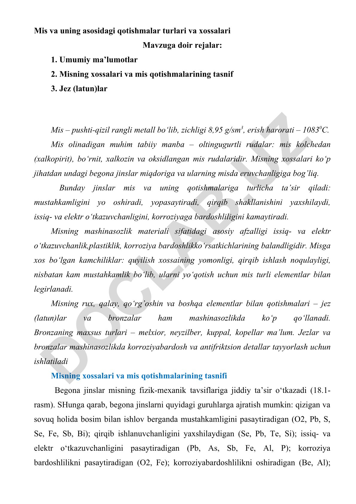 Mis va uning asosidagi qotishmalar turlari va xossalari