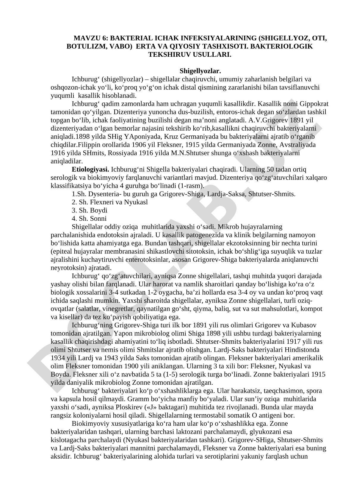Bakterial ichak infeksiyalarining (shigellyoz, oti, botulizm, vabo) tashxisoti