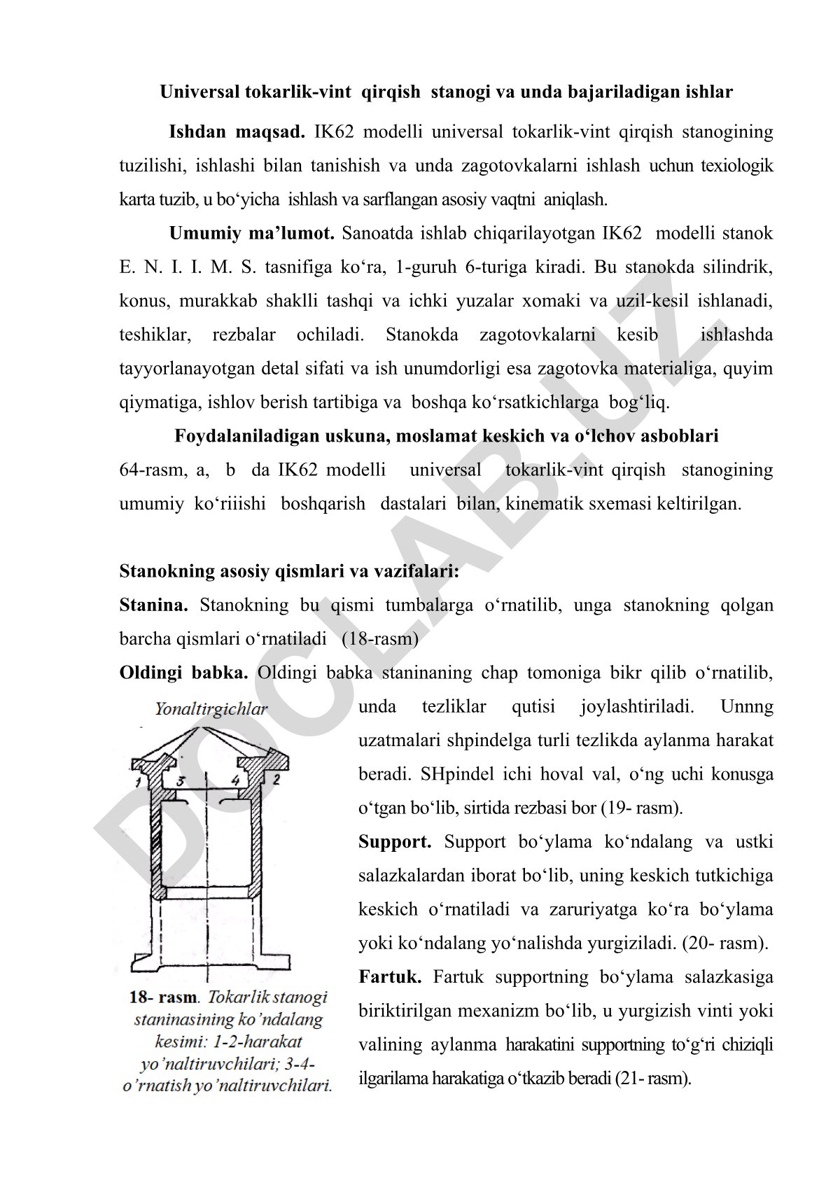 IK62 universal tokarlik-vint qirqish stanogi va unda bajariladigan ishlar