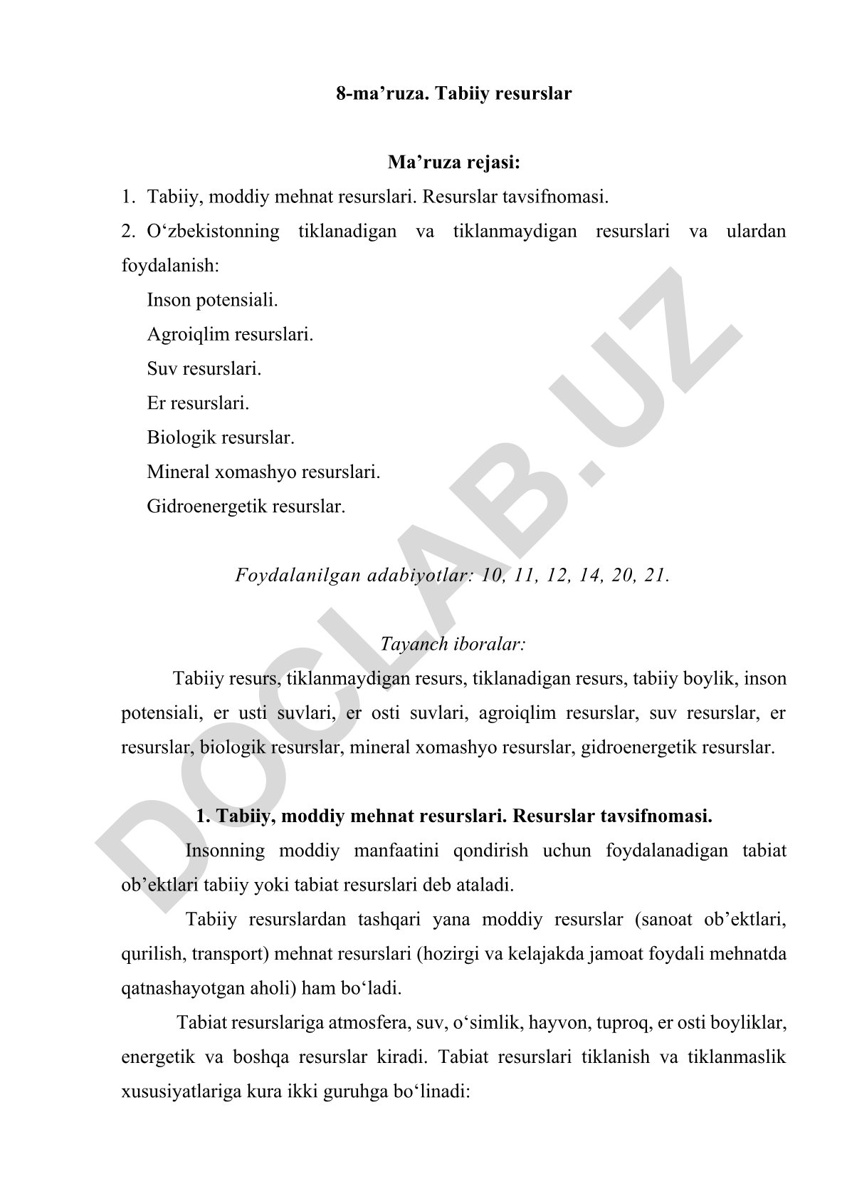 Tabiiy resurslar va O'zbekistonda ularning turlari