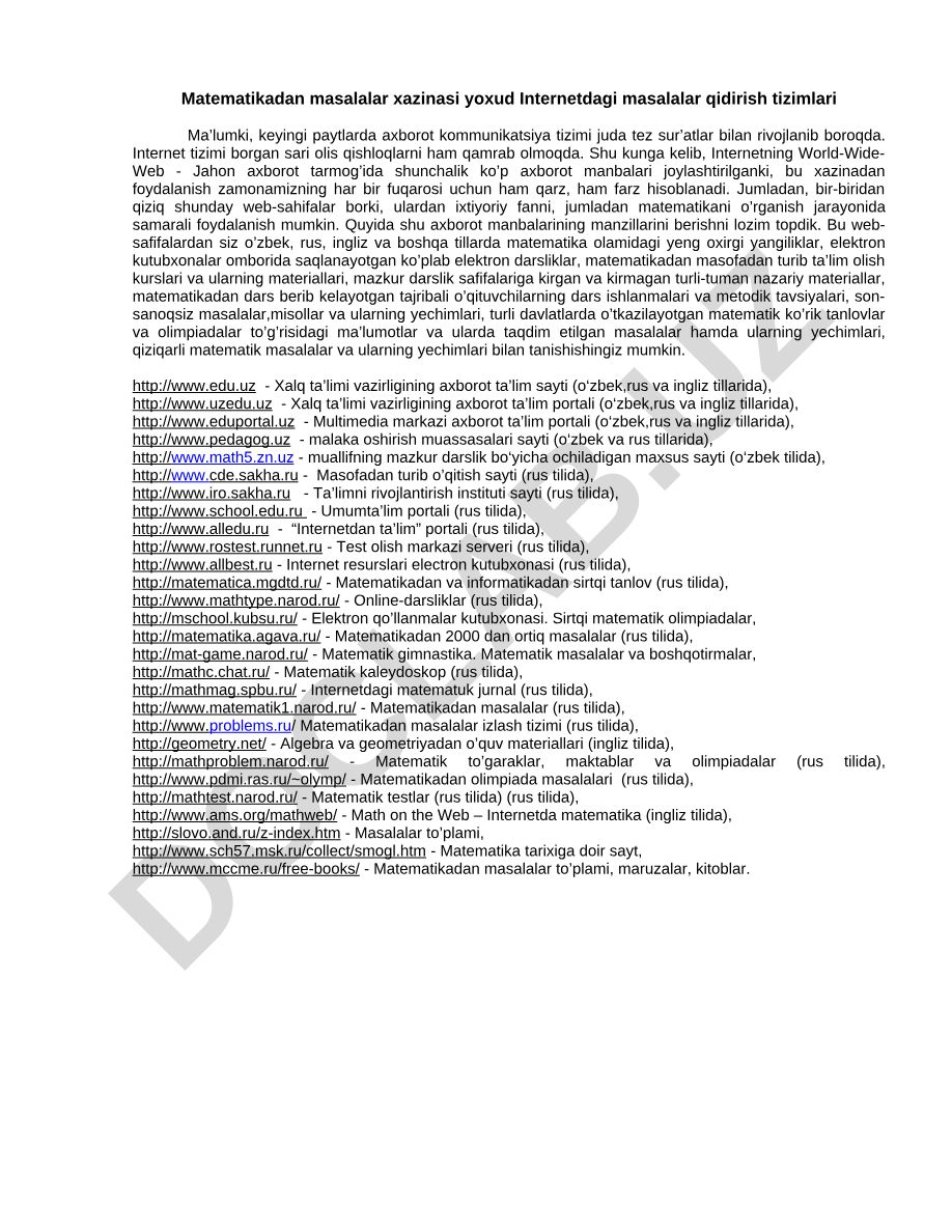 Matematikadan masalalar xazinasi va Internetdagi masalalar qidirish tizimlari