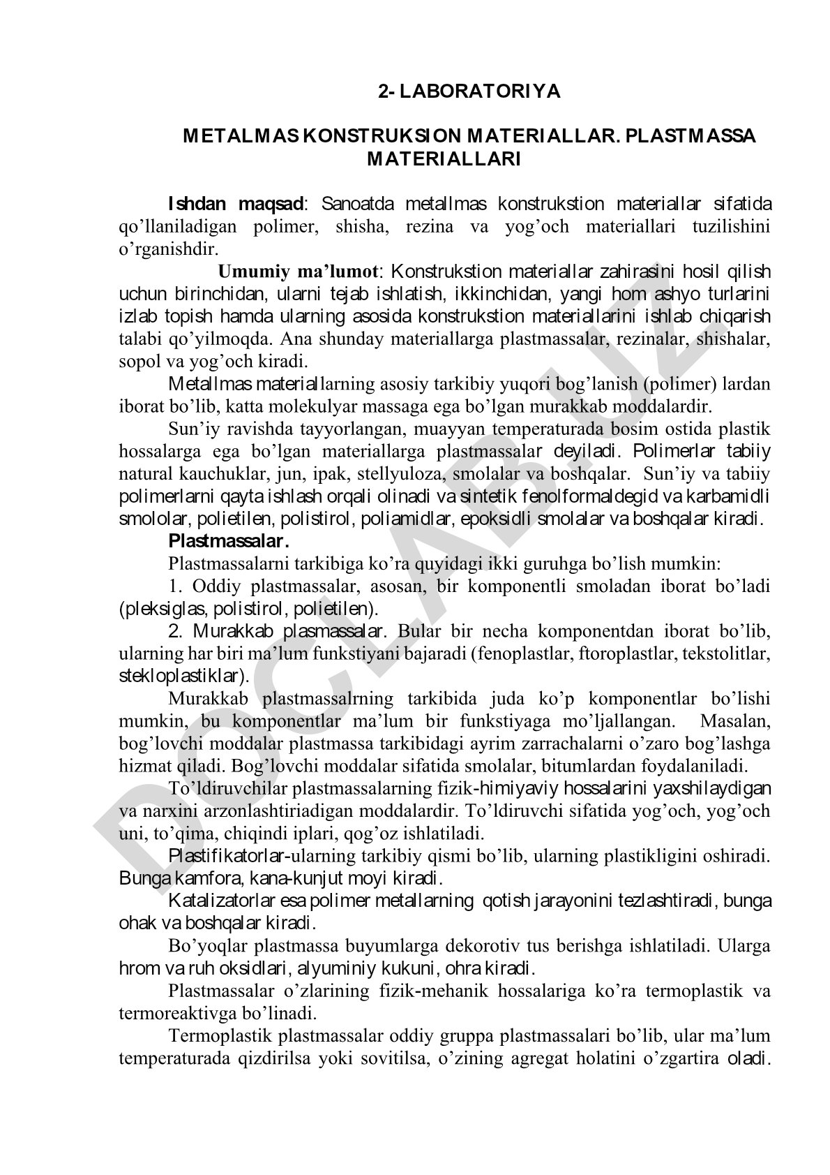 Metallmas konstrukstion materiallar va plastmassalar