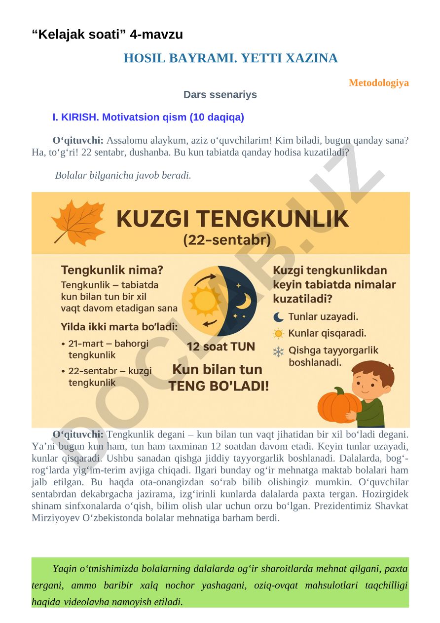 Hosil bayrami va bolalar mehnati haqida dars ssenariysi