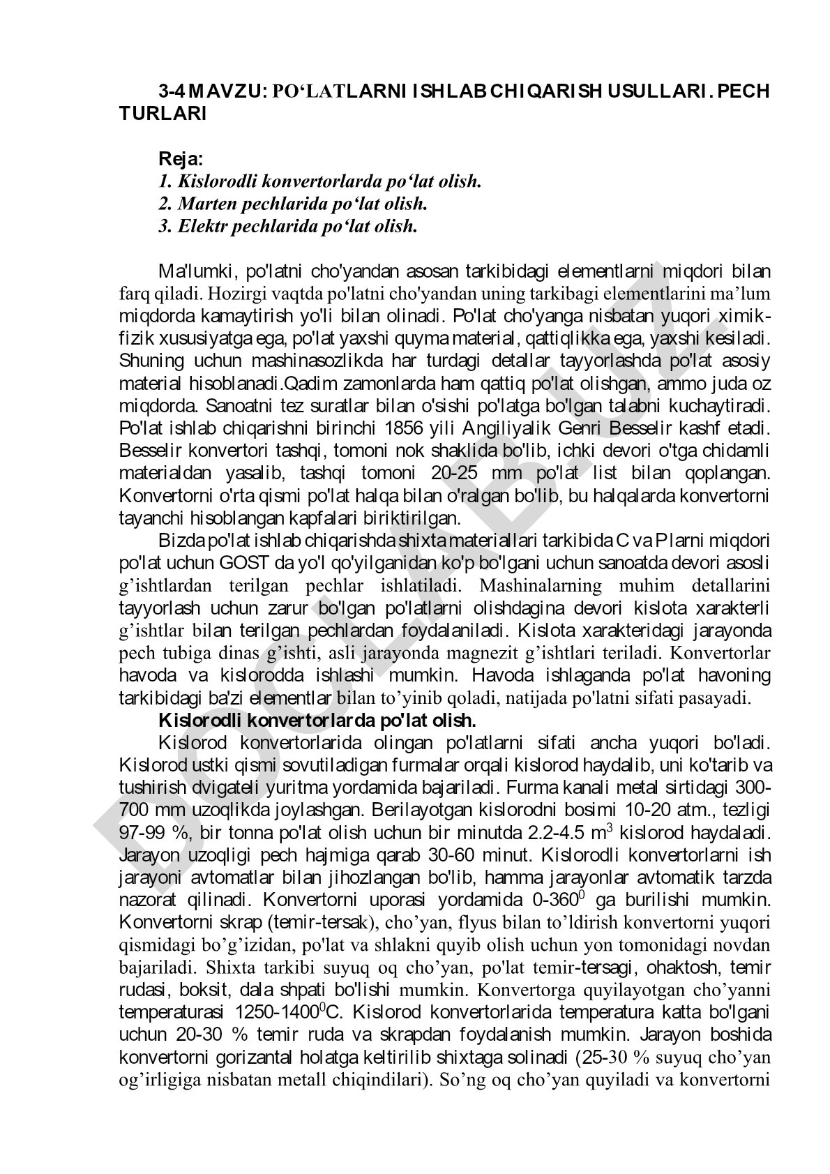 Po‘latlarni ishlab chiqarish usullari va pech turlari