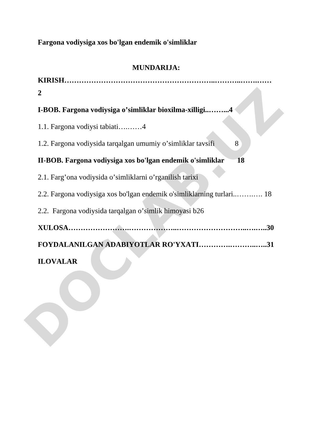 Fargona vodiysiga xos bo'lgan endemik o'simliklar