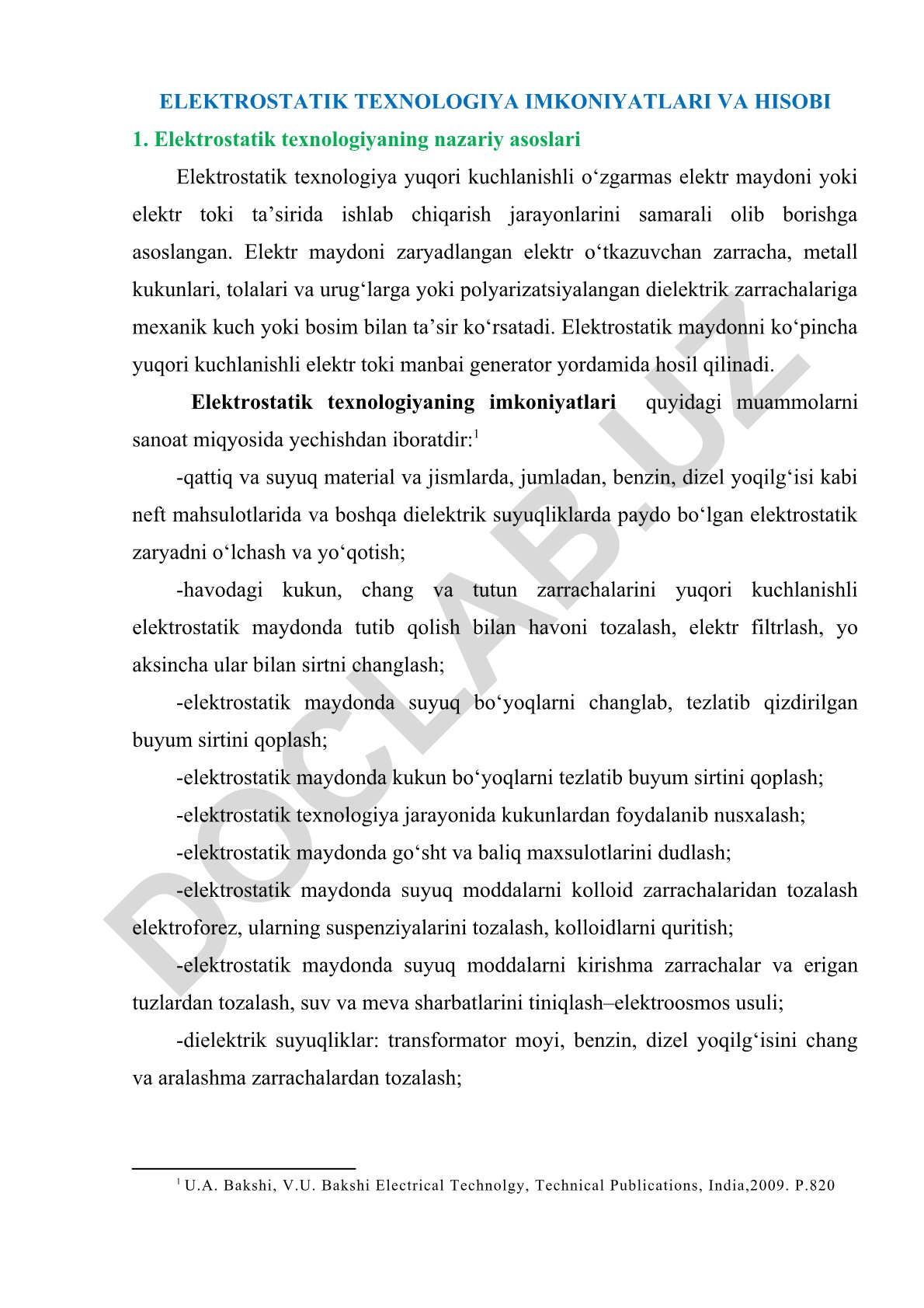 Elektrostatik texnologiya imkoniyatlari va hisobi