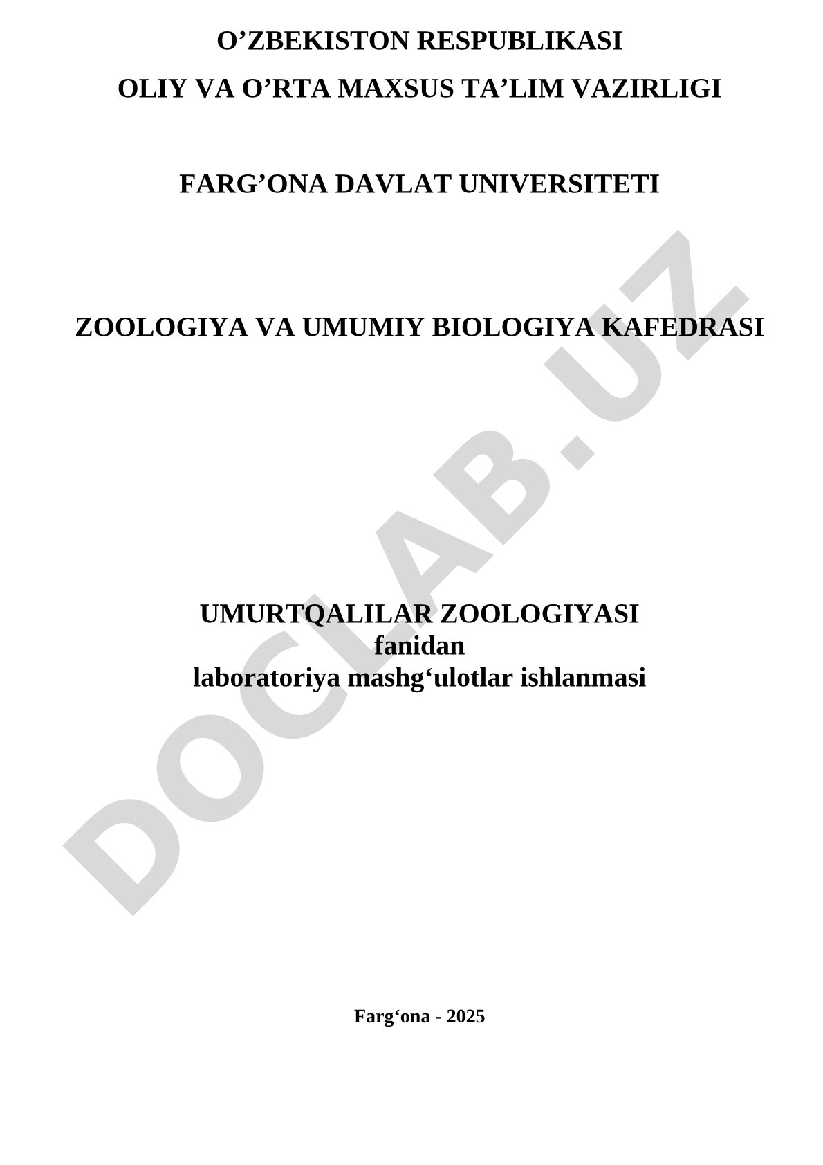 Umurtqalilar zoologiyasi fanidan laboratoriya mashg‘ulotlar ishlanmasi