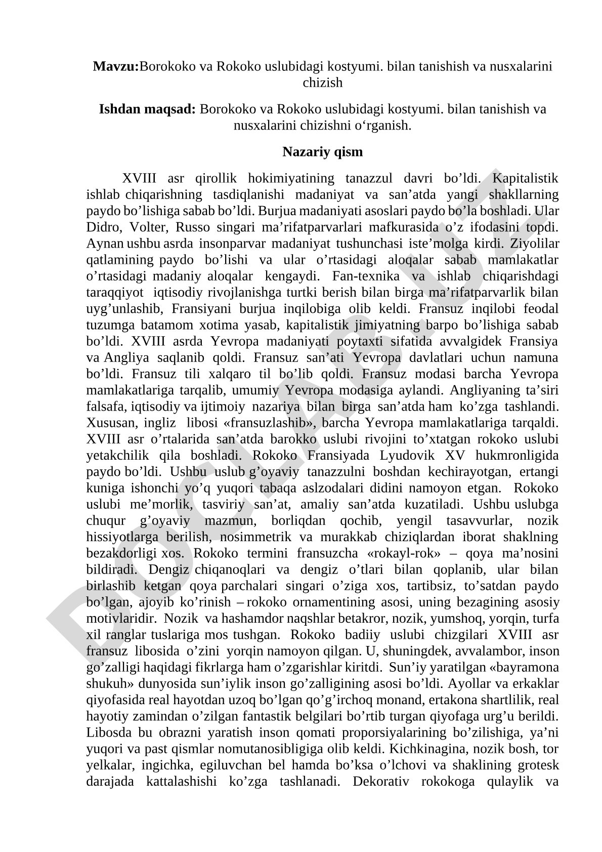 Borokoko va Rokoko uslubidagi kostyumi bilan tanishish va nusxalarini chizish
