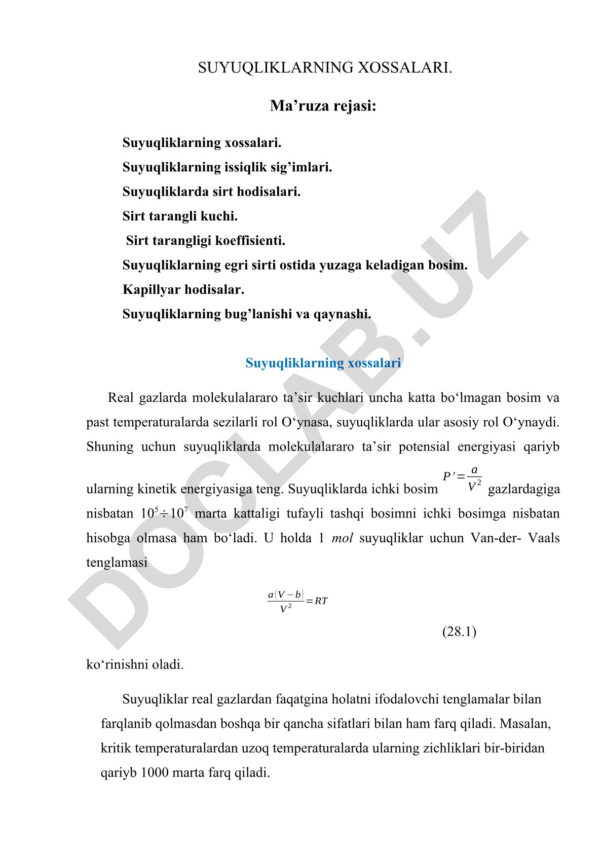 Suyuqliklarning xossalari