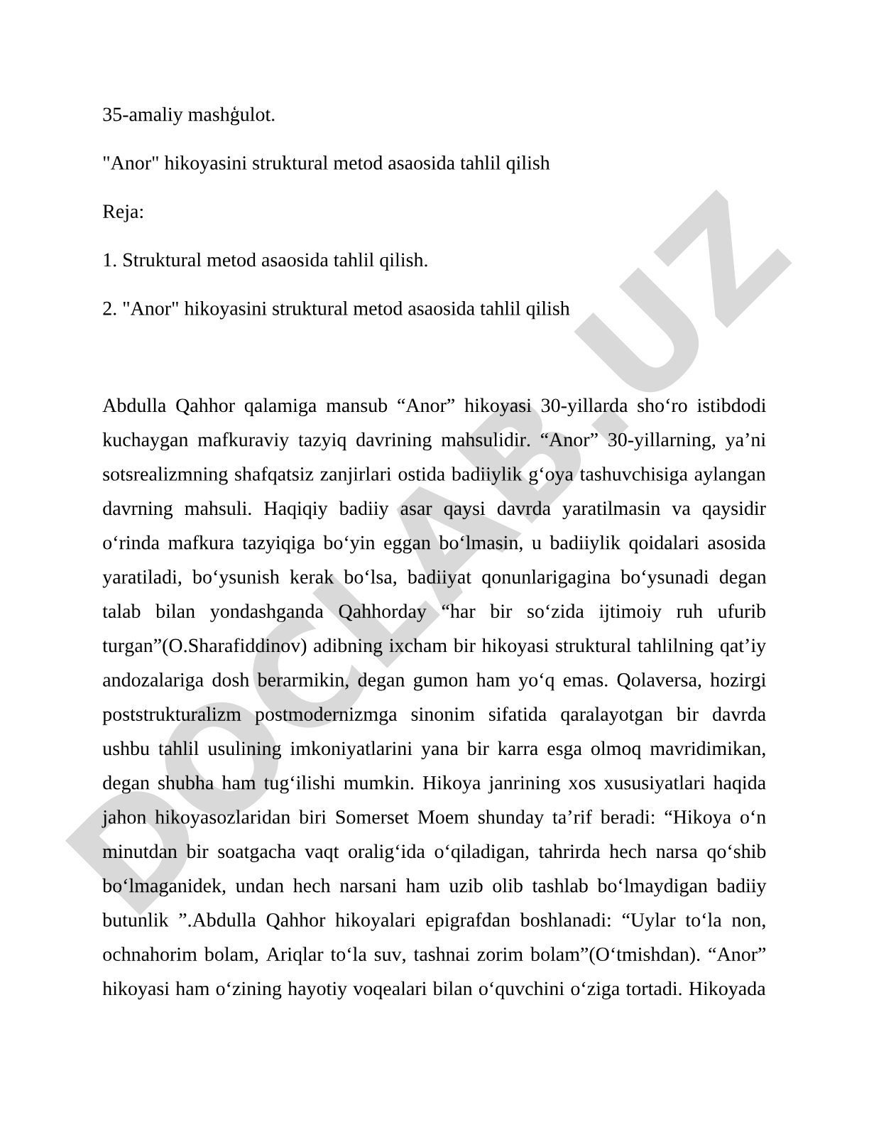 Anor hikoyasini struktural metod asaosida tahlil qilish