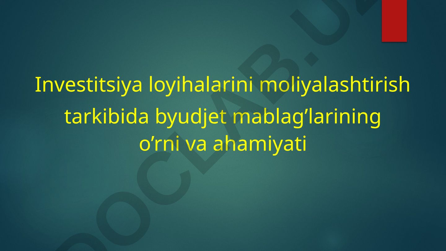 Investitsiya loyihalarini moliyalashtirish tarkibida byudjet mablag’larining o’rni va ahamiyati
