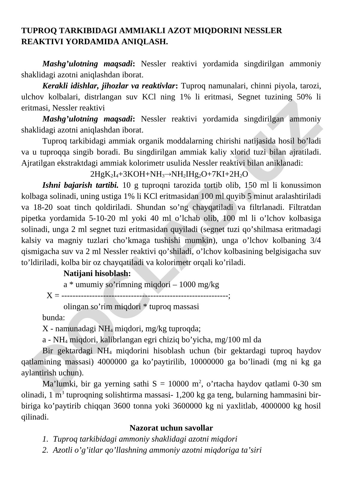 Tuproq tarkibidagi ammiakli azot miqdorini Nessler reaktivi yordamida aniqlash