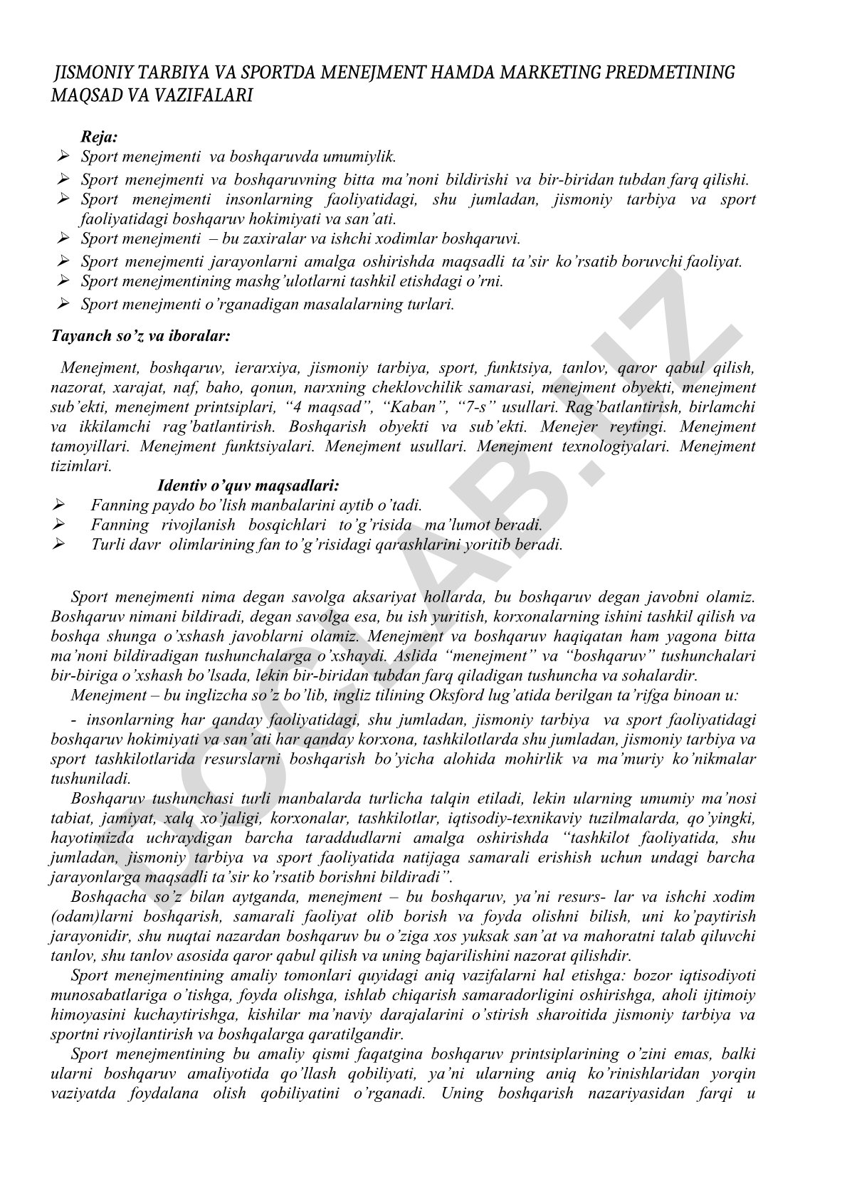 Jismoniy tarbiya va sportda menejment hamda marketing predmetining maqsad va vazifalari