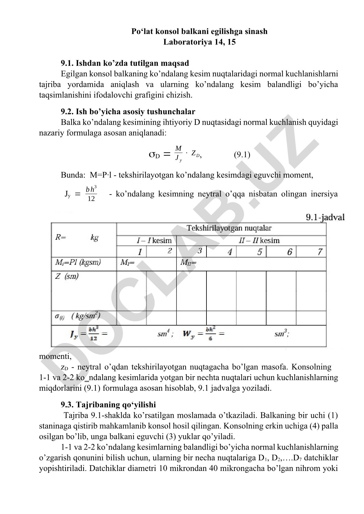 Po'lat konsol balkani egilishga sinash laboratoriya ishi