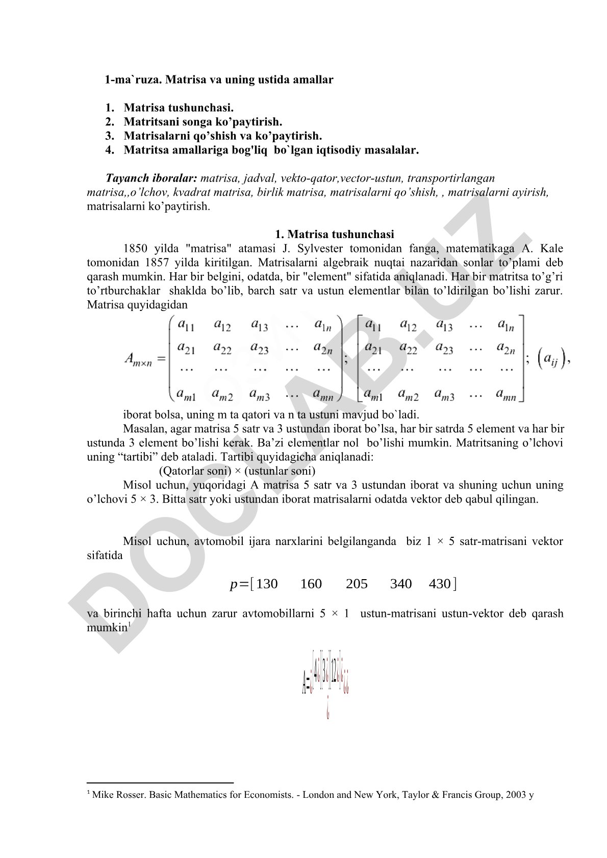 Matrisa va uning ustida amallar