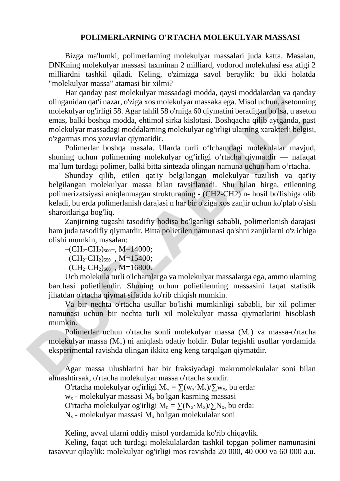 Polimerlarning o'rtacha molekulyar massasi