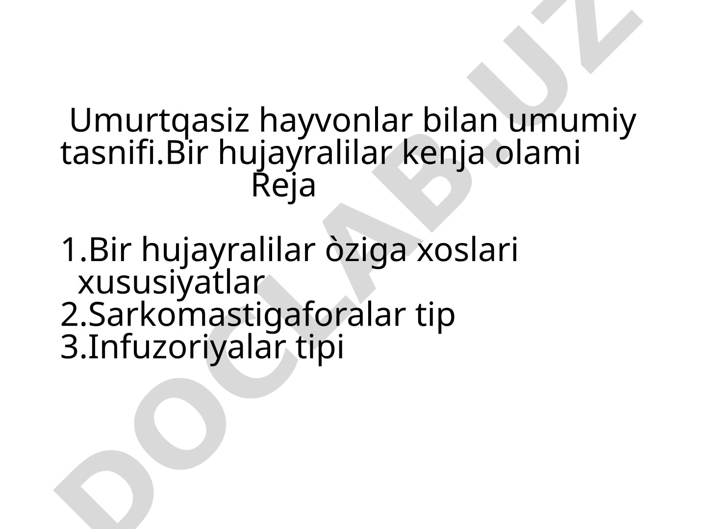 Umurtqasiz hayvonlar bilan umumiy tasnifi.Bir hujayralilar kenja olami