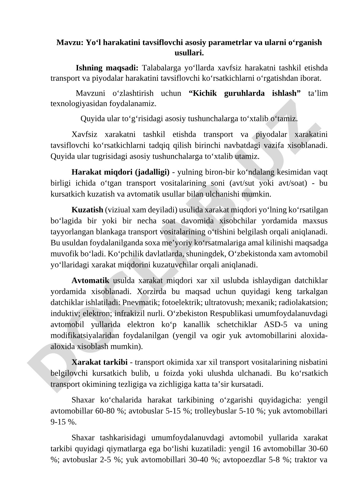 Yo‘l harakatini tavsiflovchi asosiy parametrlar va ularni o‘rganish usullari