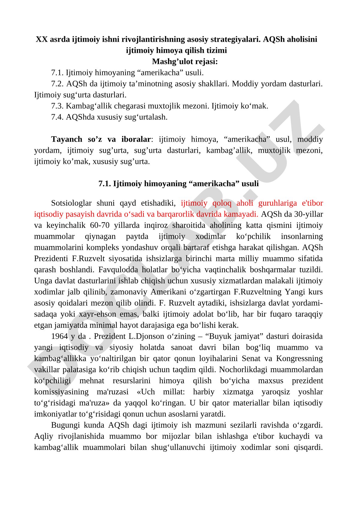 XX asrda ijtimoiy ishni rivojlantirishning asosiy strategiyalari. AQSh aholisini ijtimoiy himoya qilish tizimi