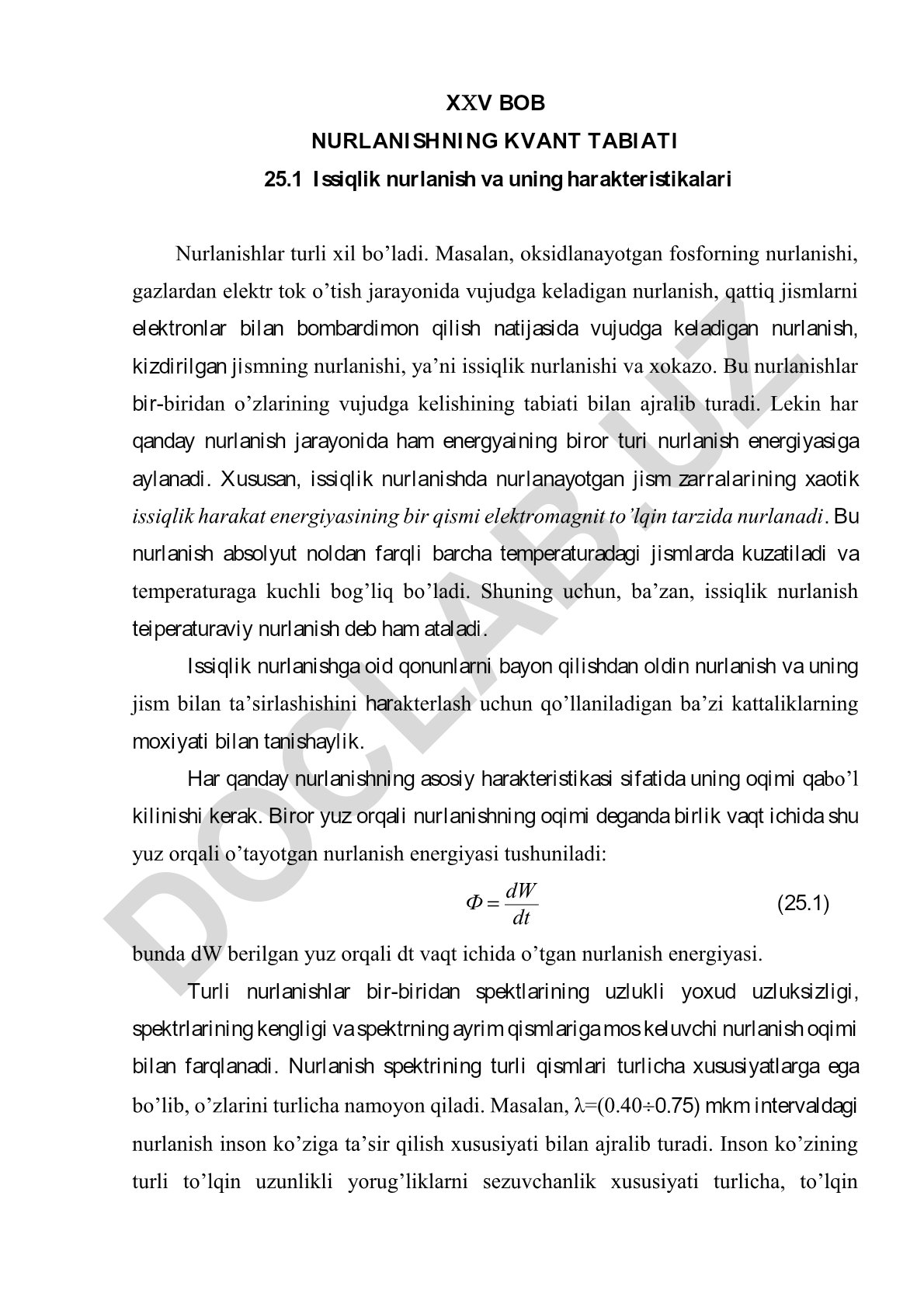 Nurlanishning kvant tabiati va issiqlik nurlanish