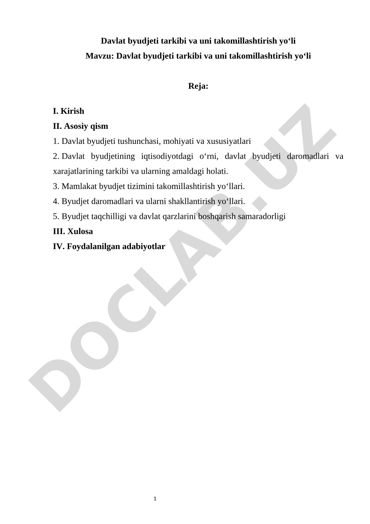 Davlat byudjeti tarkibi va uni takomillashtirish yo‘li