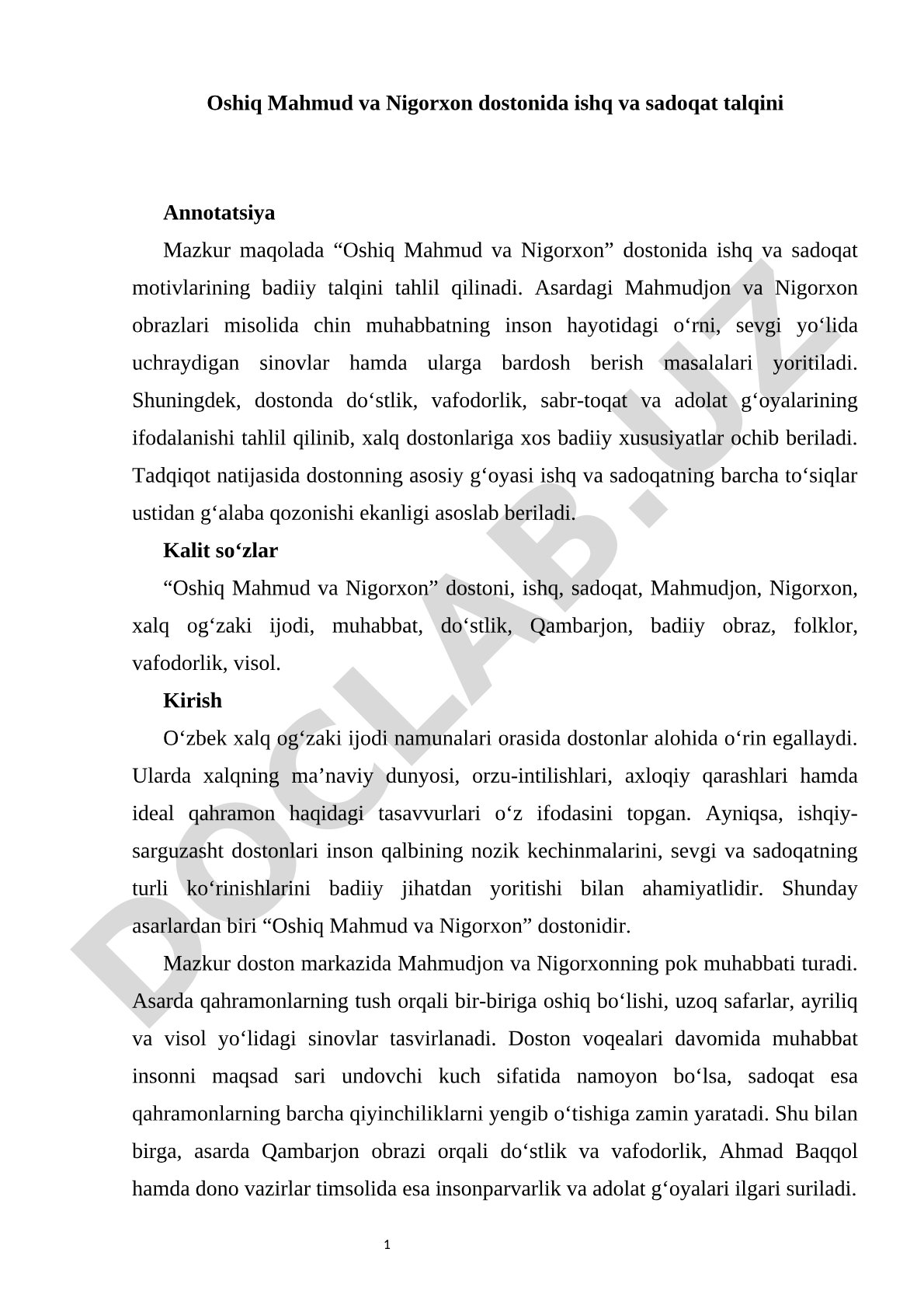 Oshiq Mahmud va Nigorxon dostonida ishq va sadoqat talqini