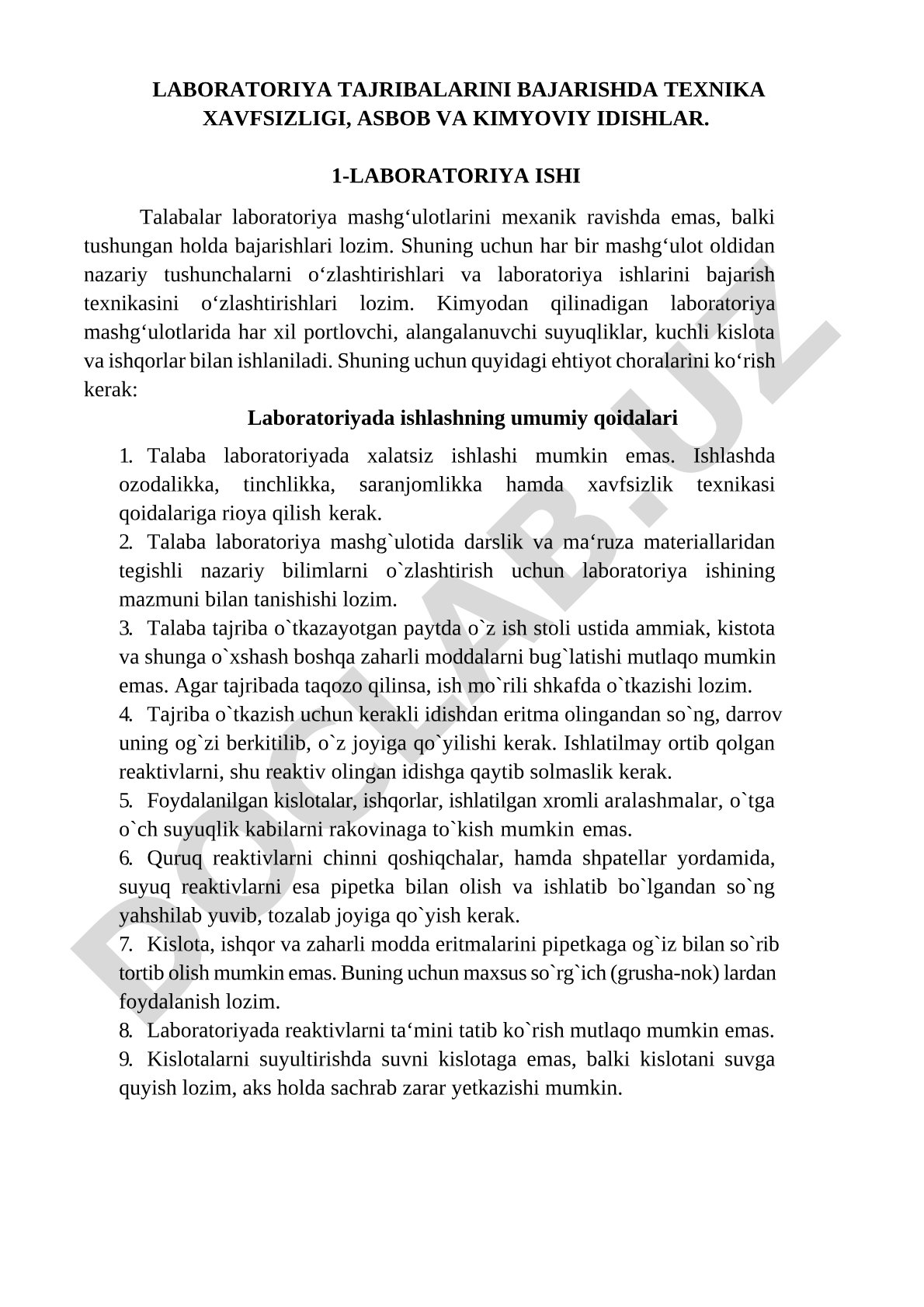 Laboratoriya tajribalarini bajarishda texnika xavfsizligi, asbob va kimyoviy idishlar