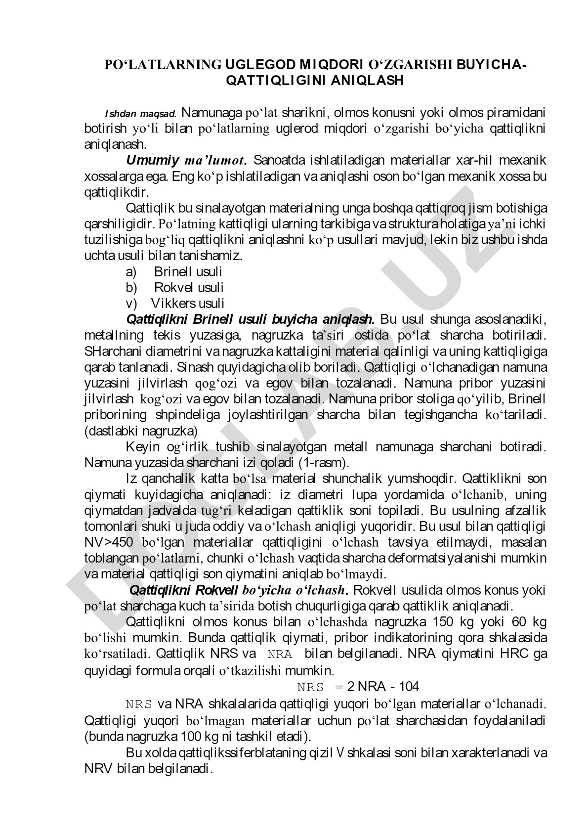 Po'latlarning uglerod miqdori o'zgarishi bo'yicha qattiqlikni aniqlash