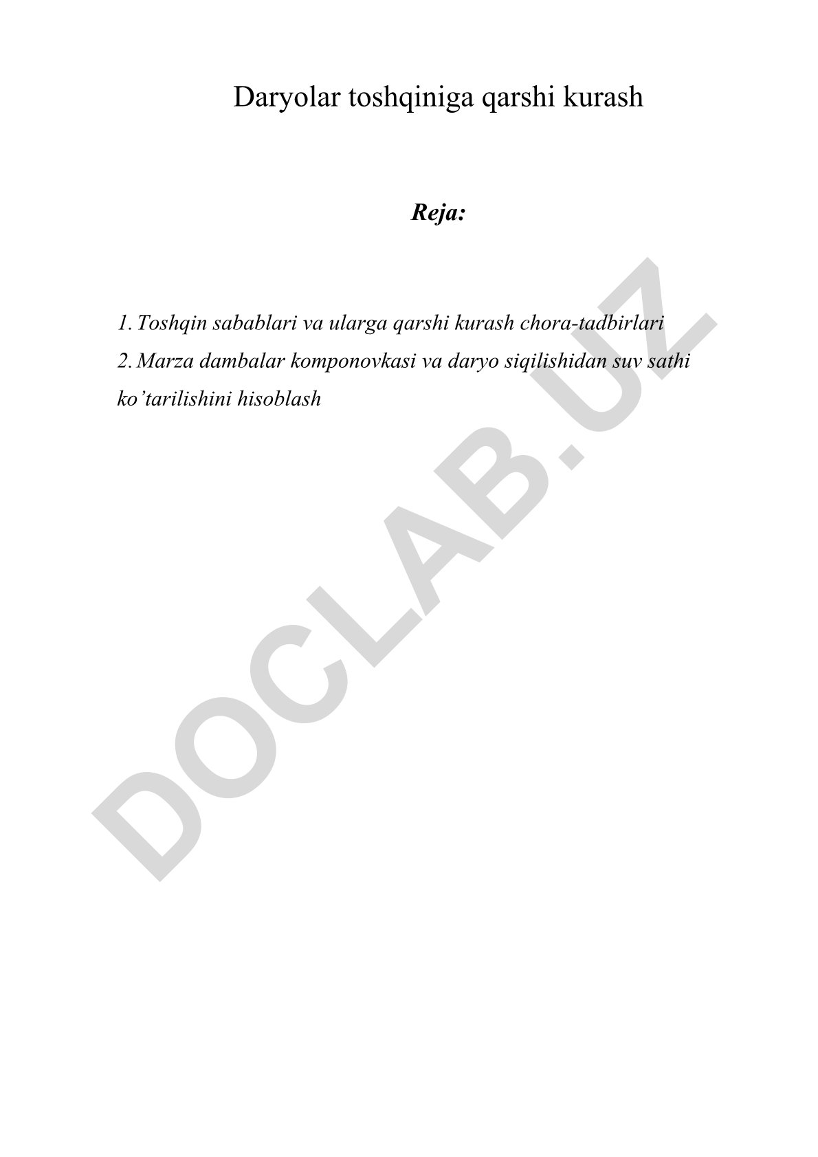 Daryolar toshqiniga qarshi kurash rejasi va hisob-kitoblar