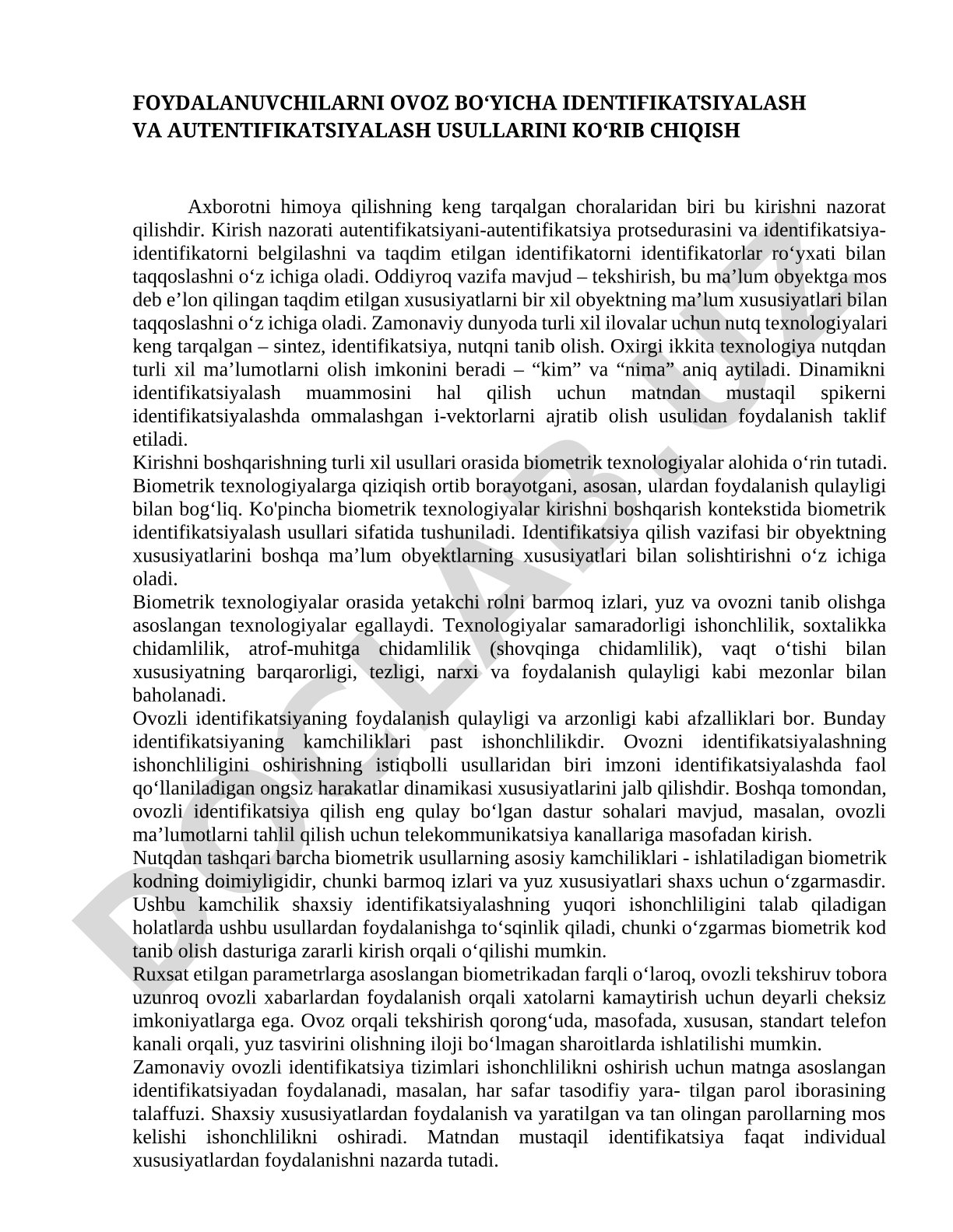 Foydalanuvchilarni ovoz bo‘yicha identifikatsiyalash va autentifikatsiyalash usullarini ko‘rib chiqish
