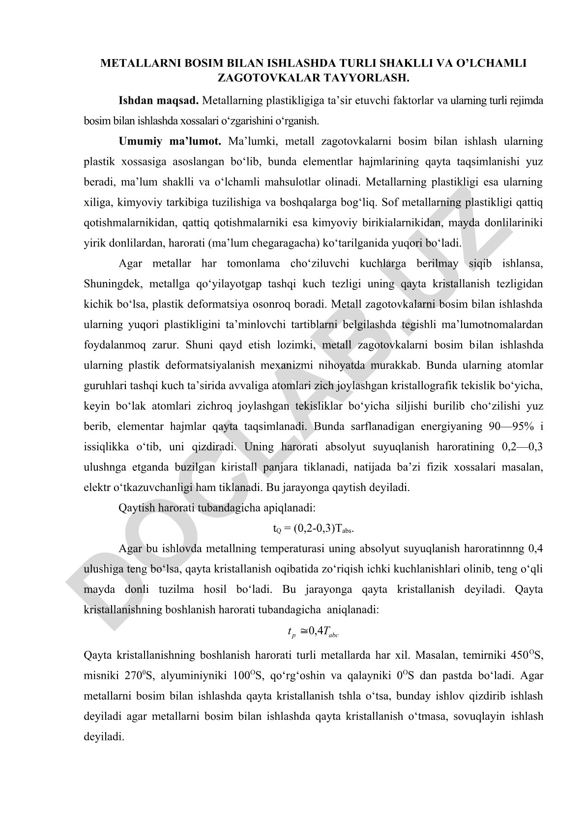 Metallarni bosim bilan ishlashda zagotovkalar tayyorlash