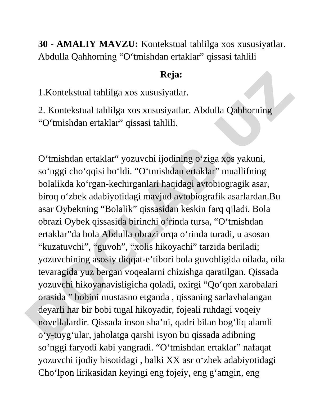 Kоntеkstuаl tаhlilgа хоs хususiyatlаr. Аbdullа Qаhhоrning “O‘tmishdan ertaklar” qissasi tahlili