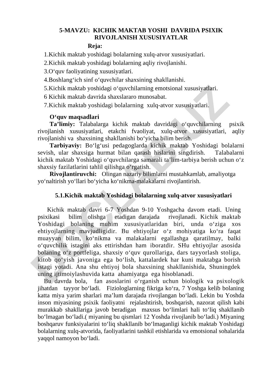 Kichik maktab yoshi davrida psixik rivojlanish xususiyatlari