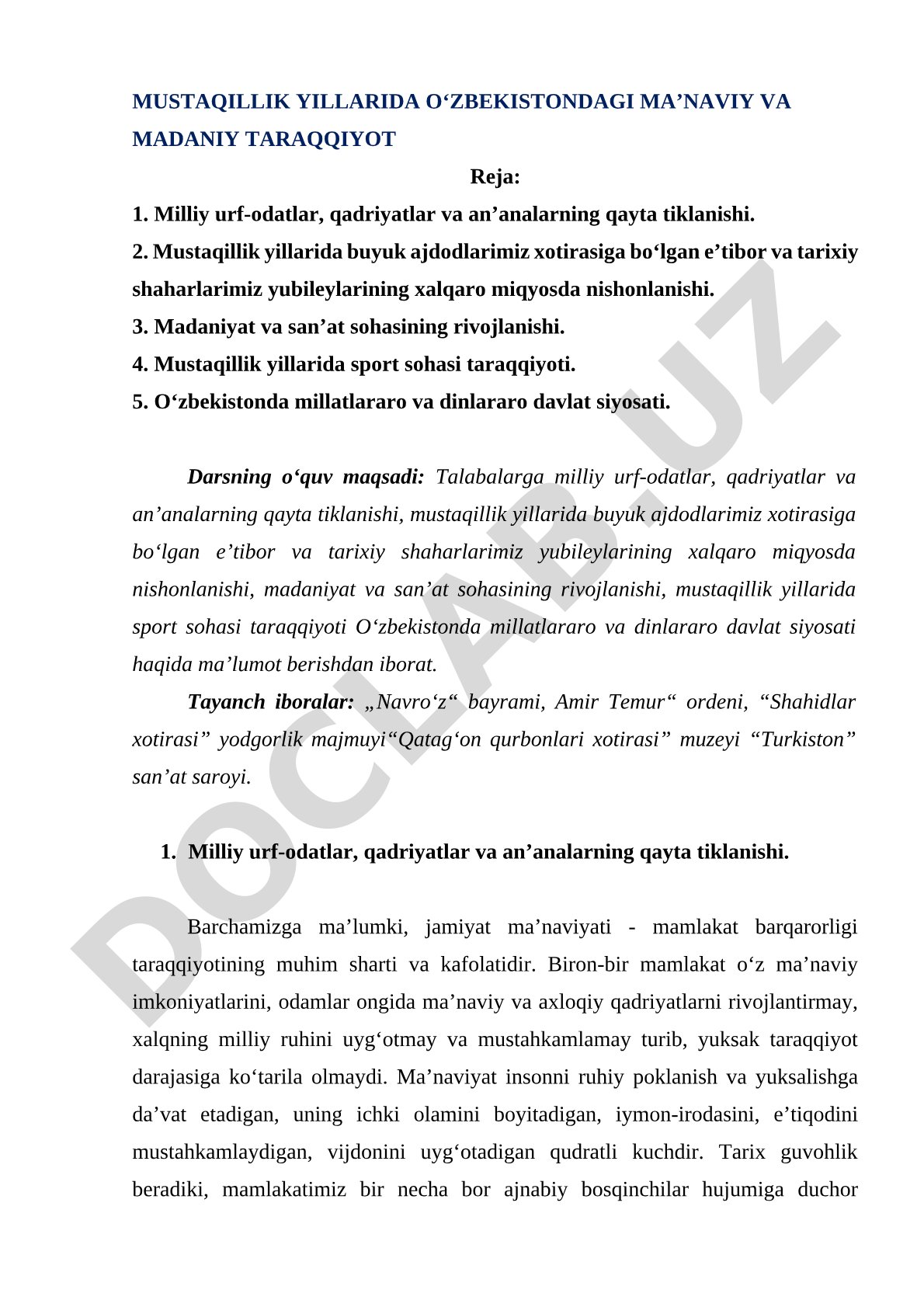 Mustaqillik yillarida O‘zbekistondagi ma’naviy va madaniy taraqqiyot